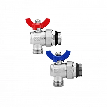 Комплект угловых шаровых кранов Varmega VM15956, 1"x3/4" НР-НР, с разъемным соединением, ручка-бабочка, для коллекторных групп