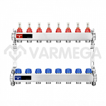 Распределительный коллектор (группа) для отопления Varmega VM15508 ВР 1", на 8 контуров 3/4" EK, нержавеющая сталь